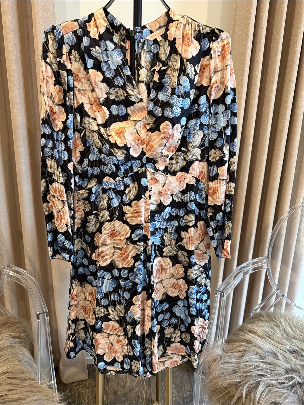 Rebecca Taylor Black Floral Long-Sleeve Dress with Blue and Peach Flowers